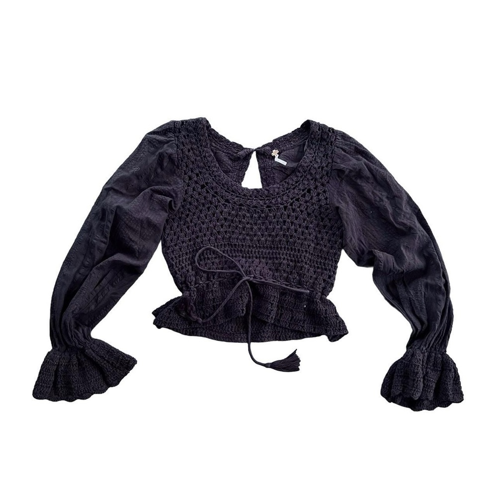 Free People Women Black Puff Sleeve Cowgirl Crochet Crop Open Back Top Size XS